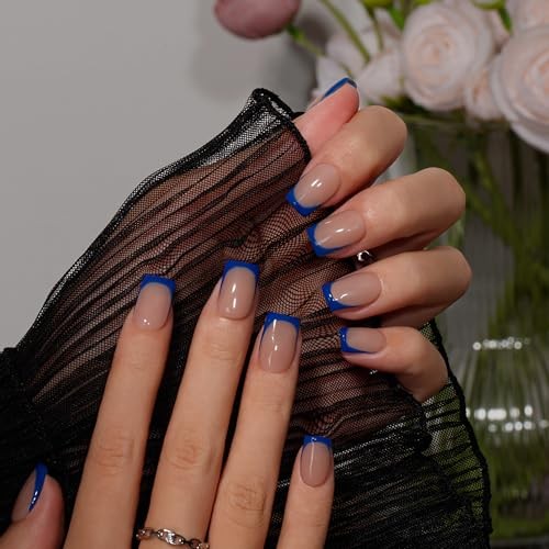 French Tip Press On Nails – Short Square – 30 Pcs – Royal Blue
