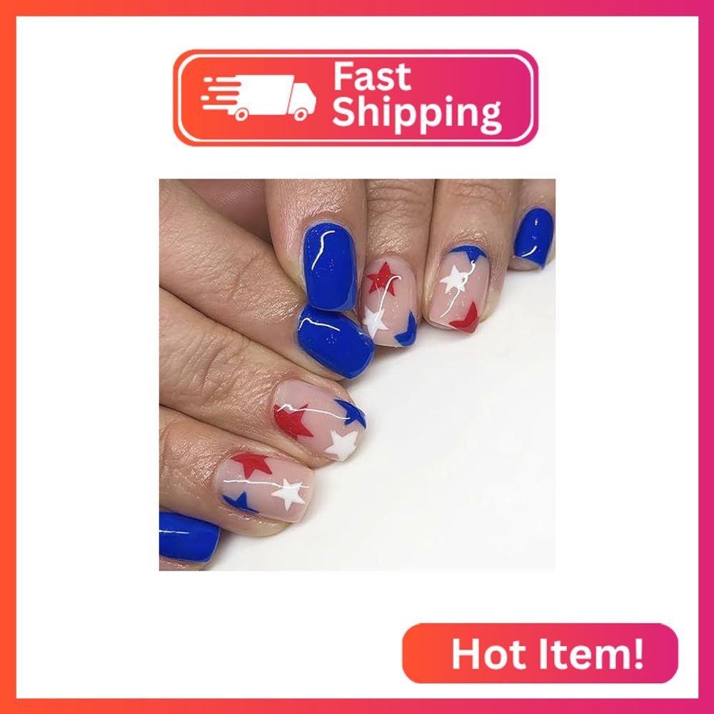 4th of july Extra Short Fake Nails Blue Square Press on Nails with Red White Sta