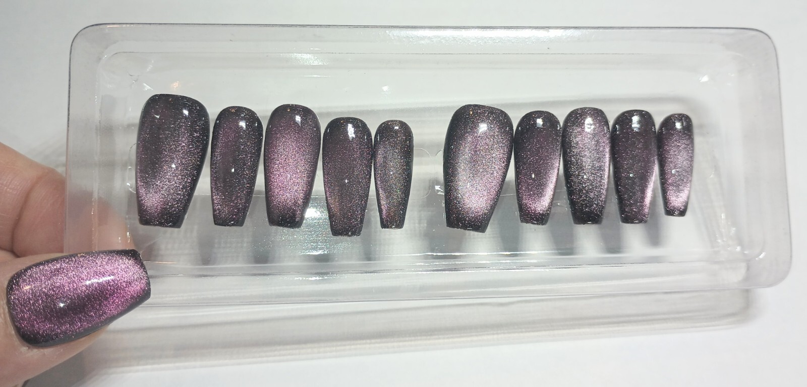 Purple Galaxy Cat Eye Press on Nails Handmade Fake Fingernails Gel Polish