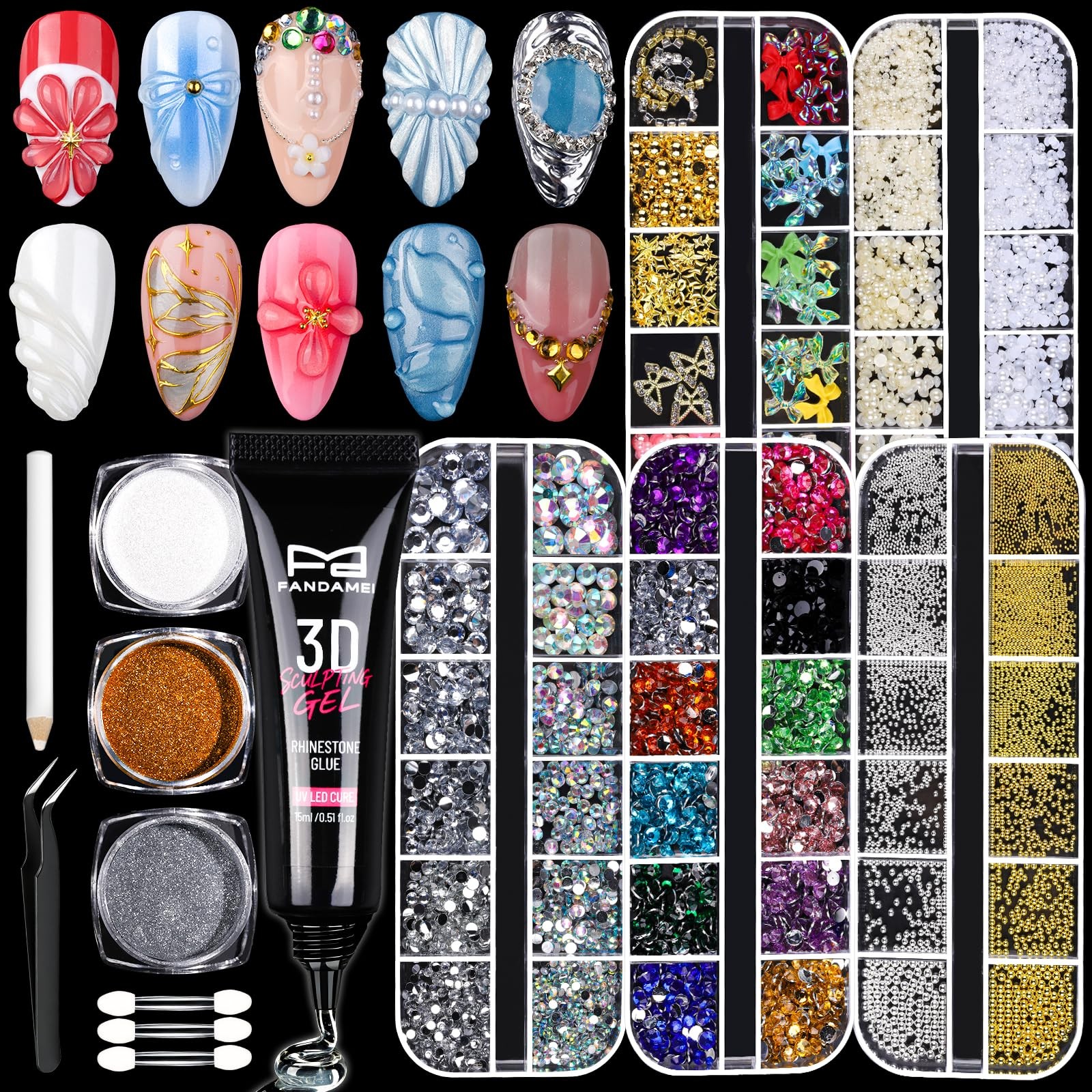 3D Gel Kit, 15g 3D Nail Sculpting Gel, 5 Box Nail Pearls Charms and Gems Clea…