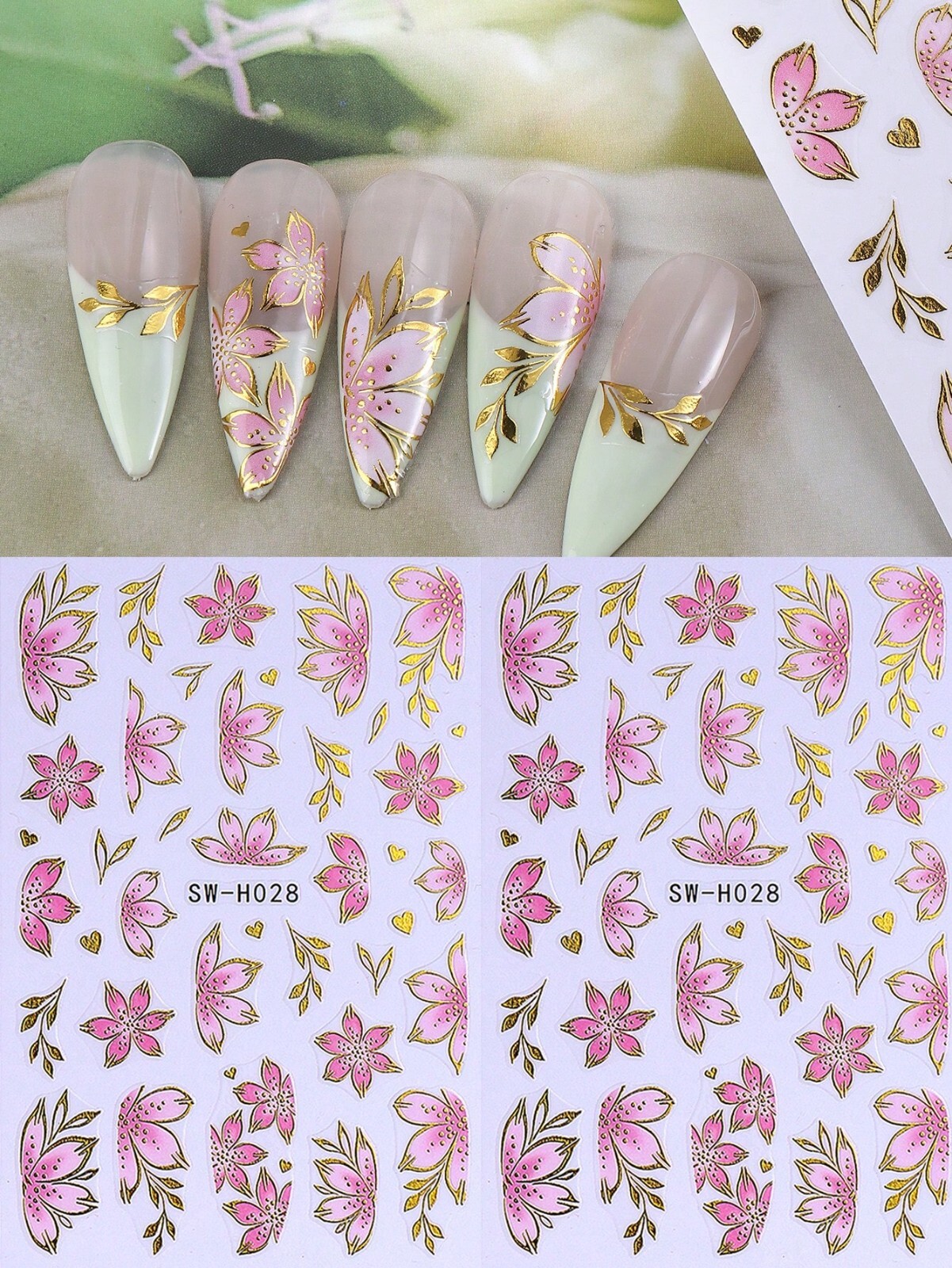 2 PCS Summer Spring Pink Flower Nail Art Stickers Nail Decals, Cute Nail Sticker