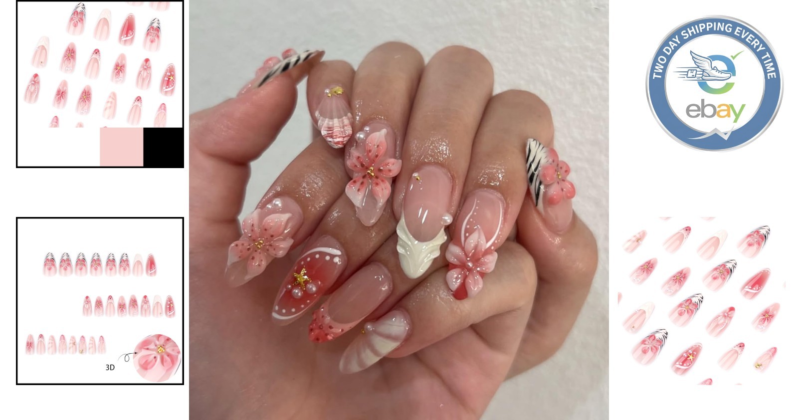 Chic 3D Flower French Tip Press-On Nails – 24 Reusable Almond Nails