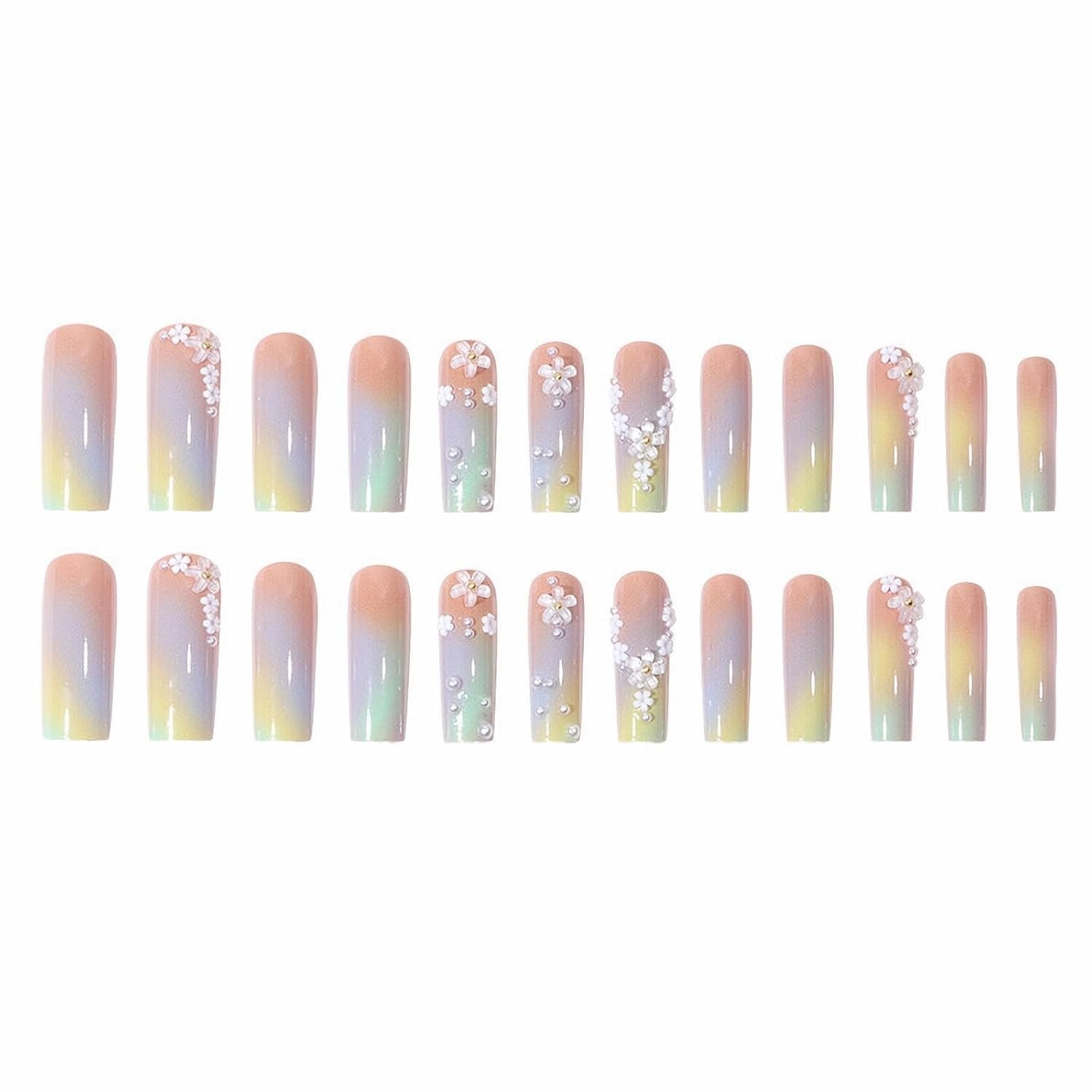Press on Nails – Long Square Glue on Nails with Summer Colorful Ombre, Acryli…