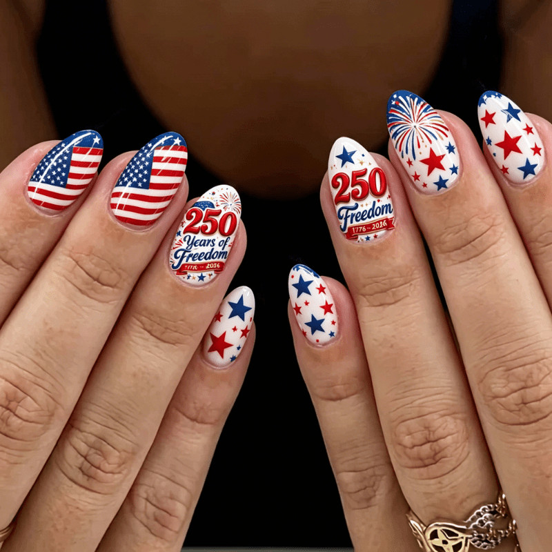 96Pcs Mixed Shape Nails, USA 250th Anniv, Flag Firework & Letter Print