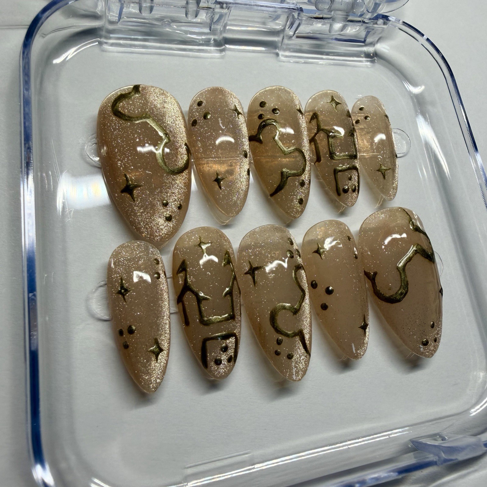 Beige/Gold Glitter Celestial Almond Press-On Nails