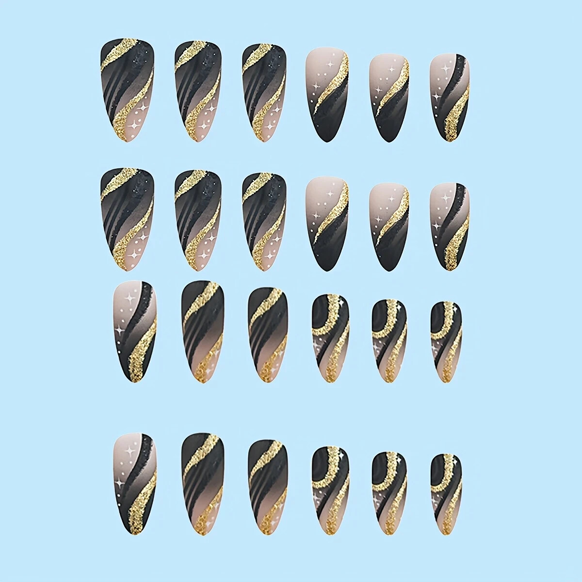 24pcs Medium Almond Shape Nails French Stripes Black Gradient Matte Texture