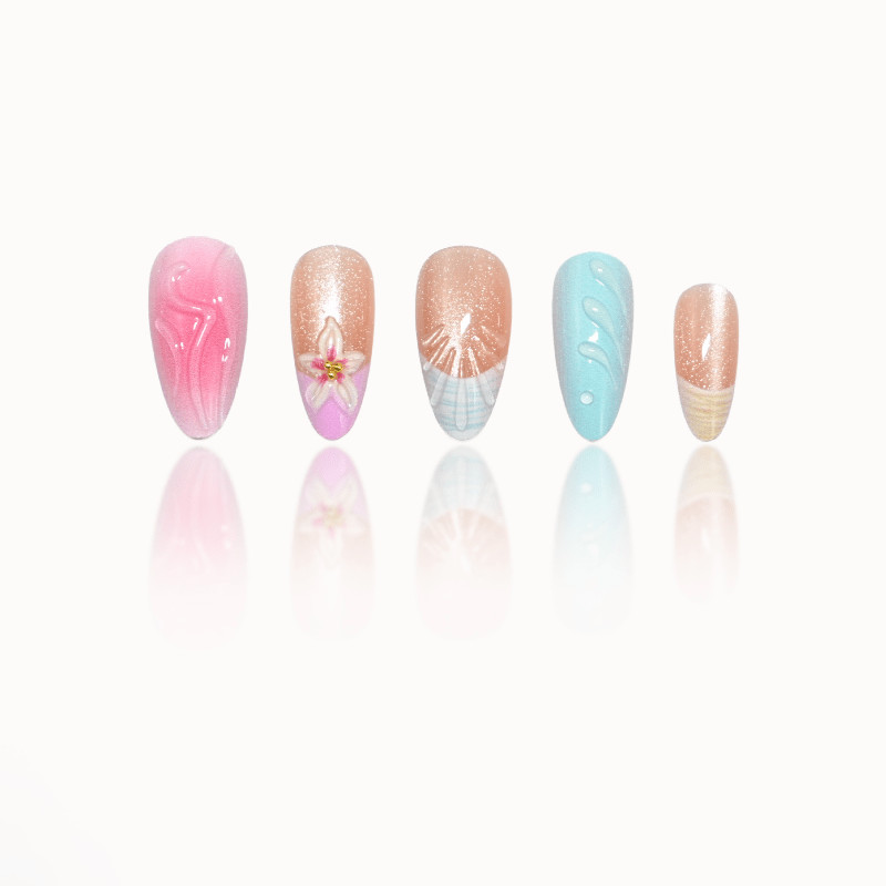 48pcs Stiletto Press on Nails, Pink Blue Swirl 3D White Flower Gloss Nails