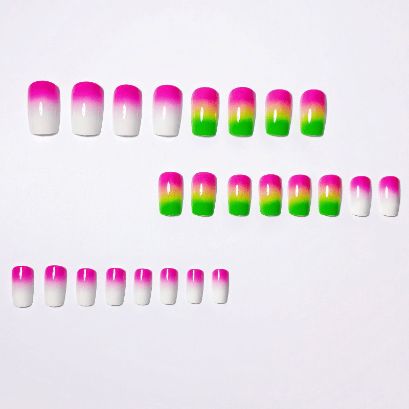48Pcs-Bright Ombre Fake Nails Short Square Neon Pink Green White Gradient Nail