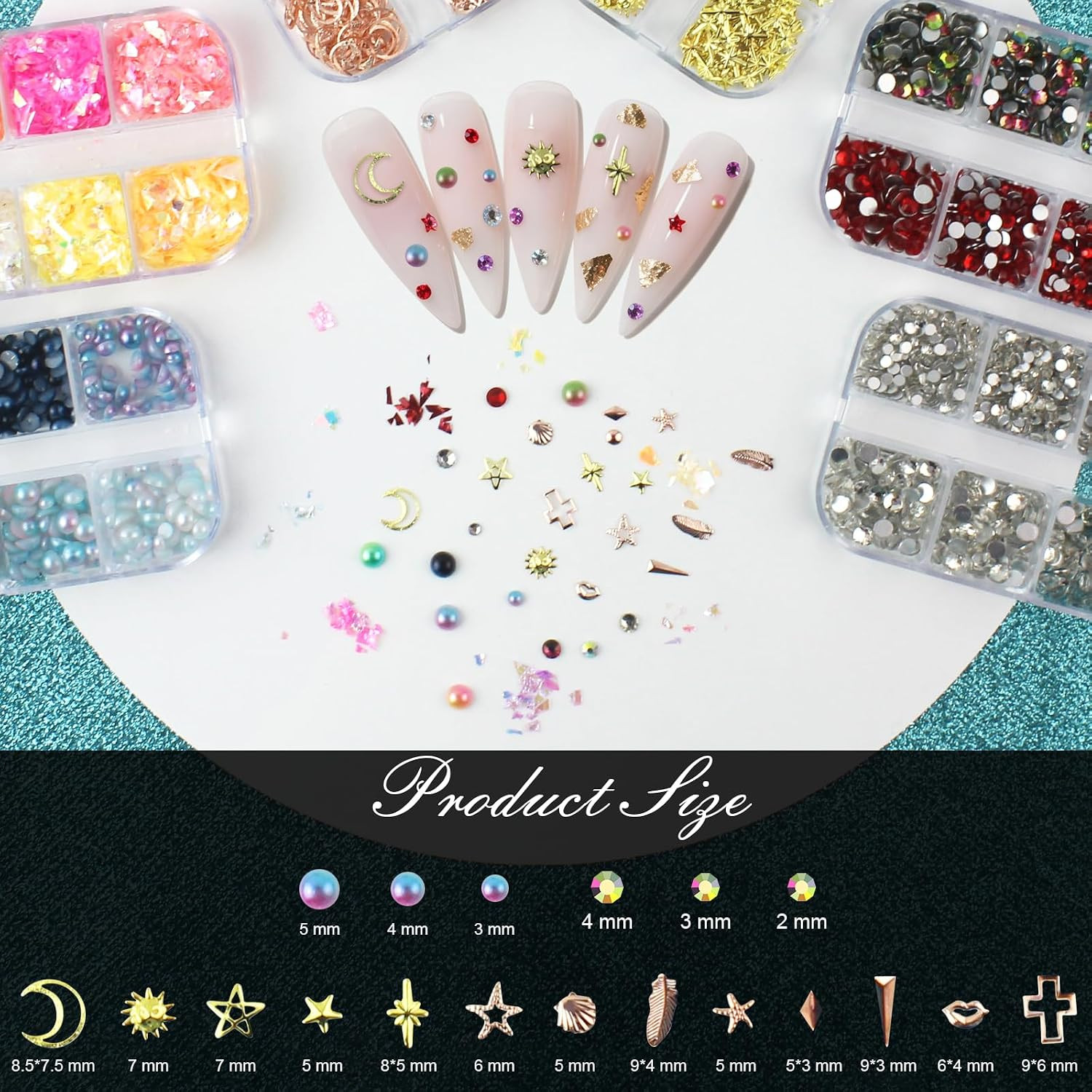 Nail Art Glitter Studs Kit, 6 Boxes Multicolor and Design 3D Charms with 15 Shee