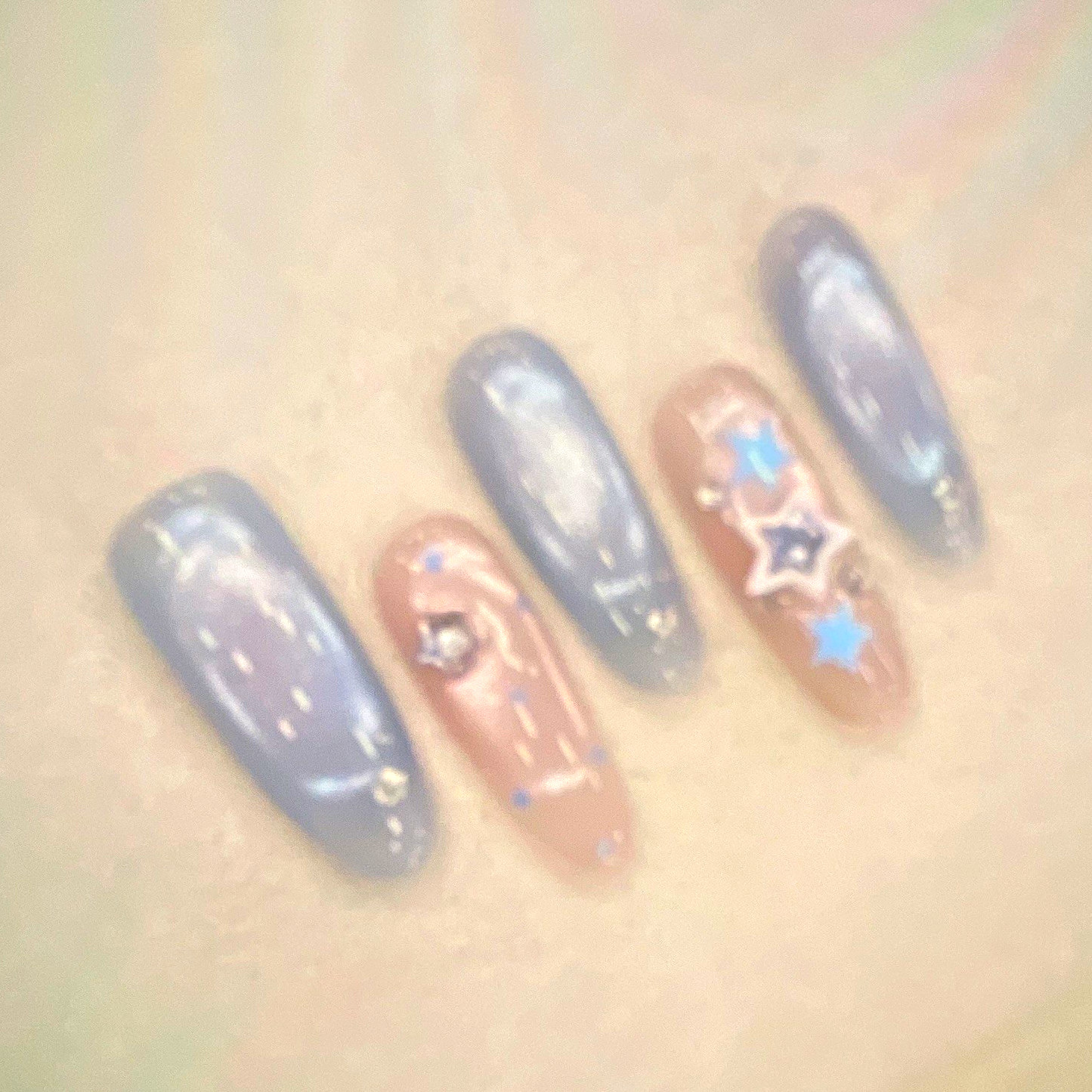 Long Almond Press-On Nails Full Cover Pre-Designed Blue Nude Star Shiny