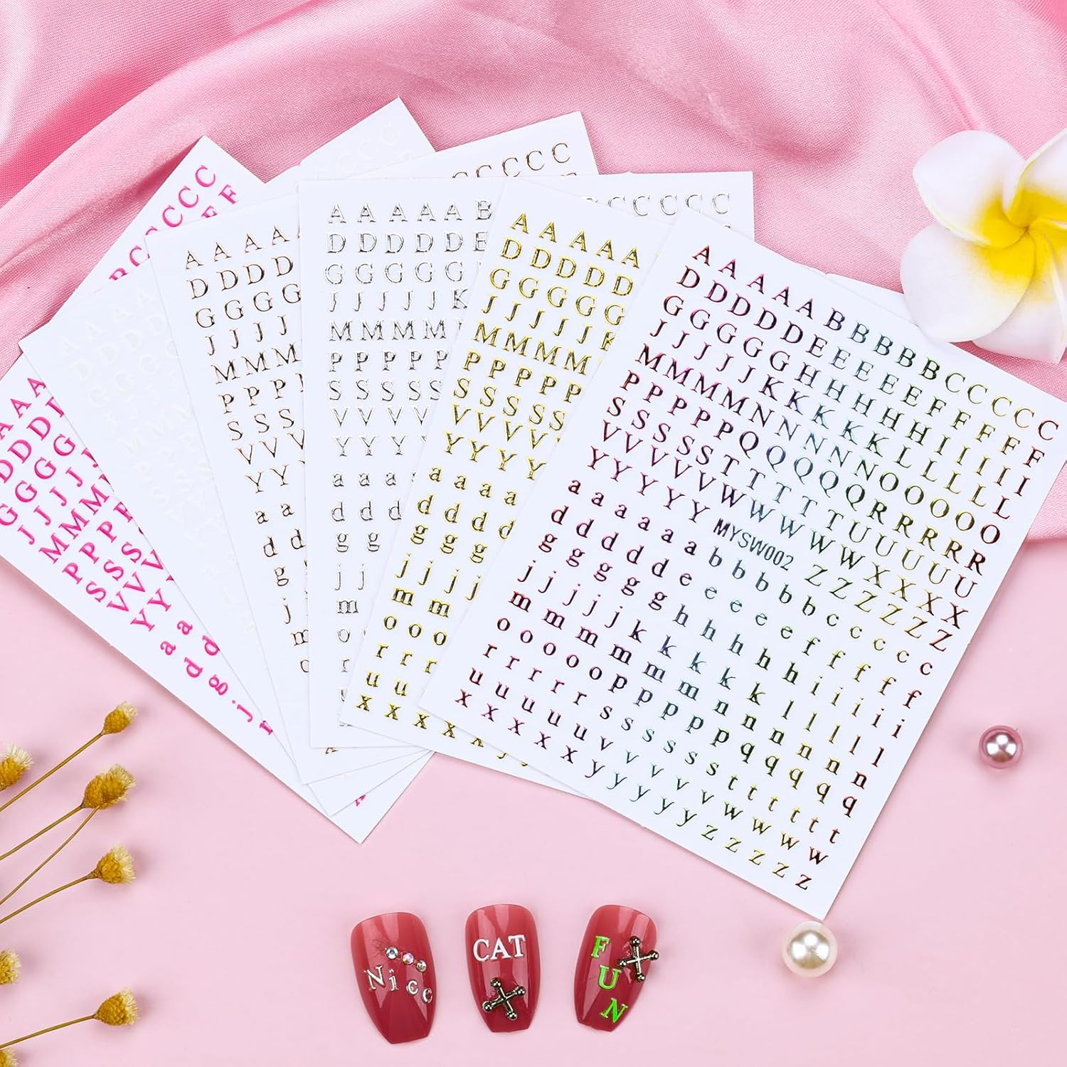 12 Sheets Alphabet Nail Art Stickers 3D Black White Gold Self-Adhesive Letter Na