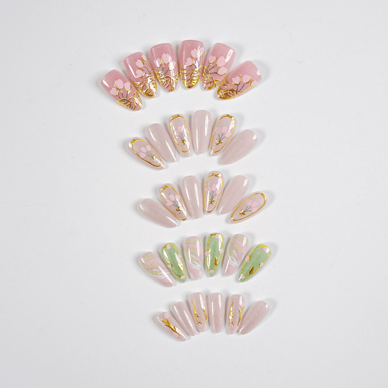 60pcs Almond Press on Nails, Pink Green Gold Line Cherry Blossom Glitter Nails