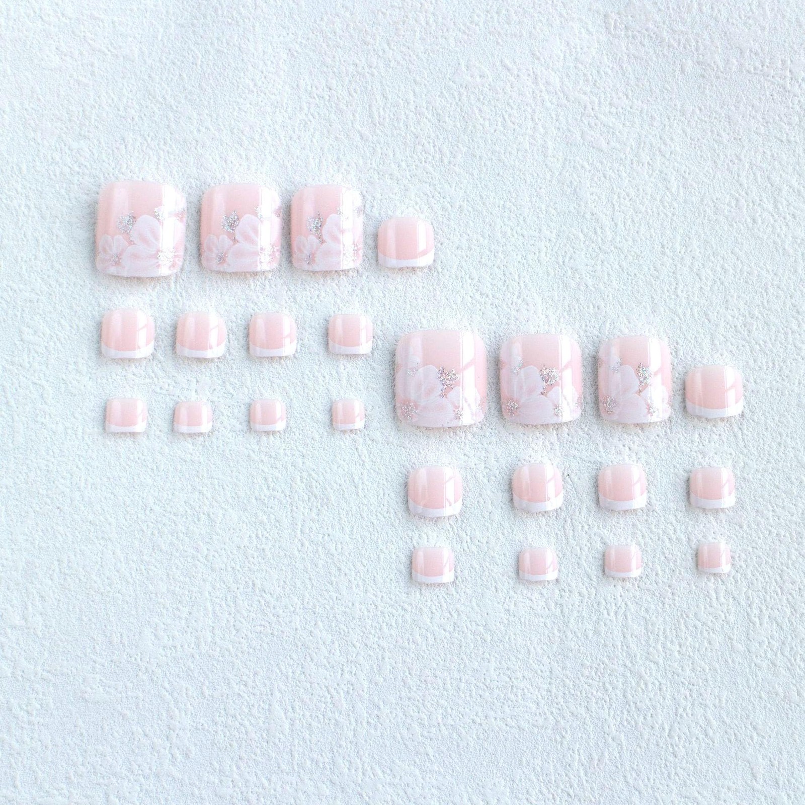 Pink Press on Toe Nails French Tip Fake Toe nails with White Flower Designs Fals