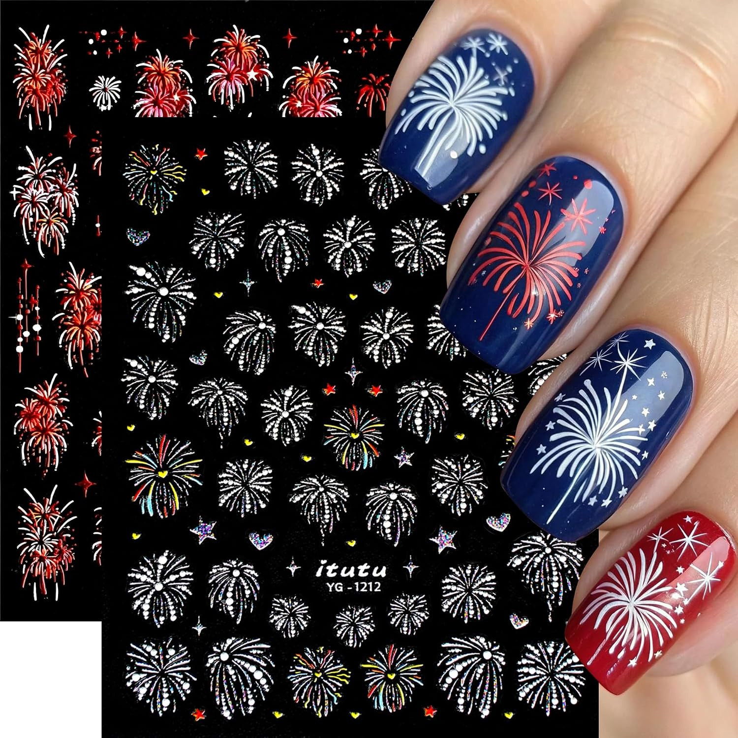3 Sheets Fireworks Nail Stickers 5D Embossed Colorful Fireworks Nails Decals Aur