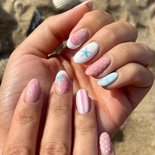 Summer Press on Nails – Short Oval – Pink Blue Fake Nails with Style-A Style-24