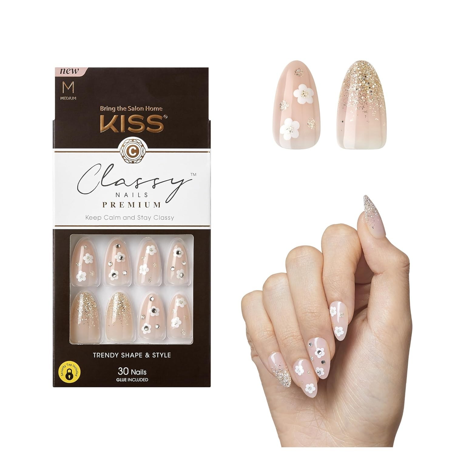 Kiss Classy Premium Press-On Nails Nail glue included Medium Almond Gleamin Pink