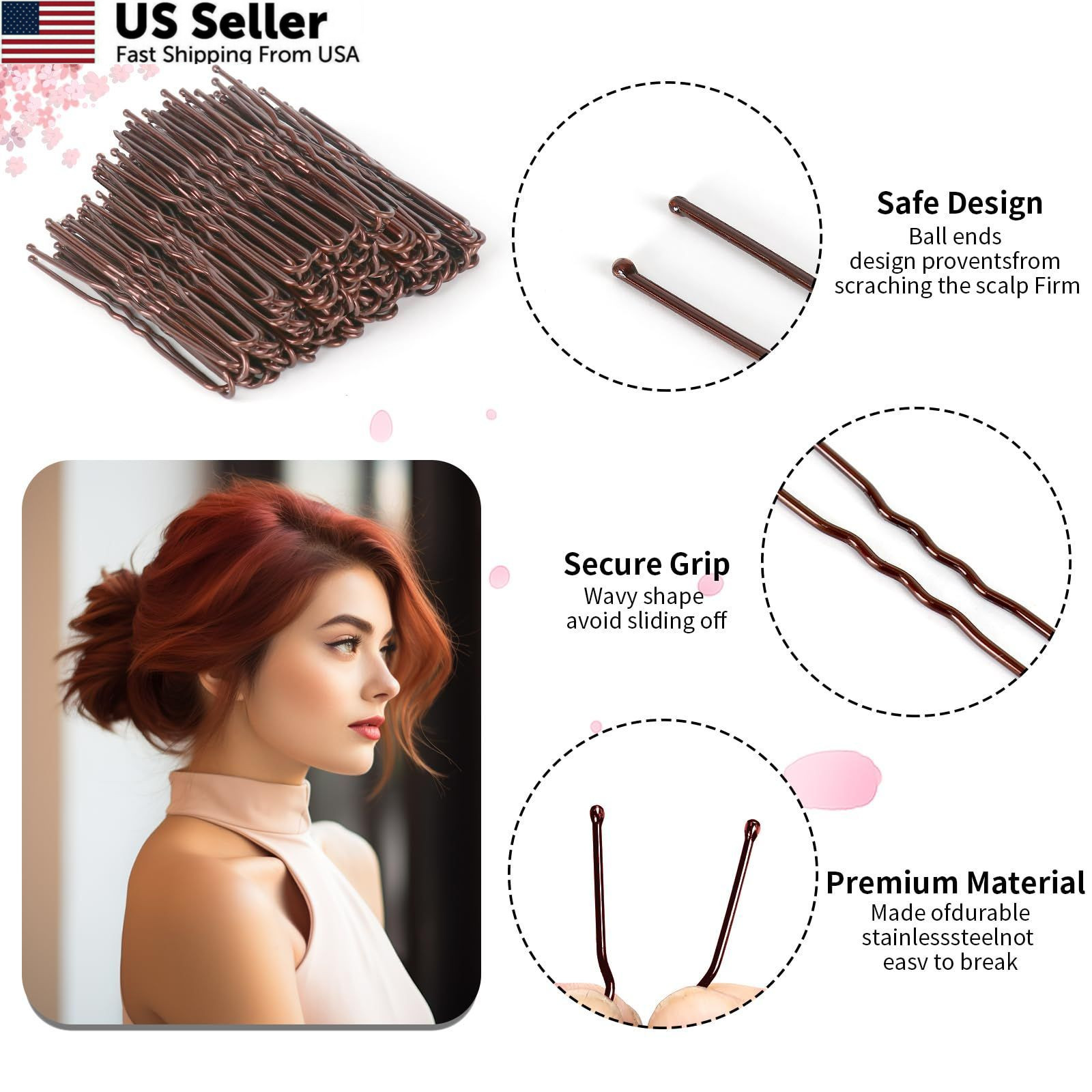 U Shaped Hair Pins, 100PCS 2.4inch Bun Pins 100 Count (Pack of 1), Brown