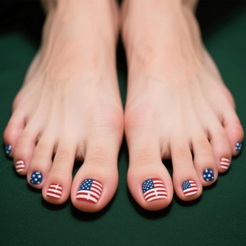 48pcs American Flag Fake Toenails, 4th of July Patriotic Press on Toenails