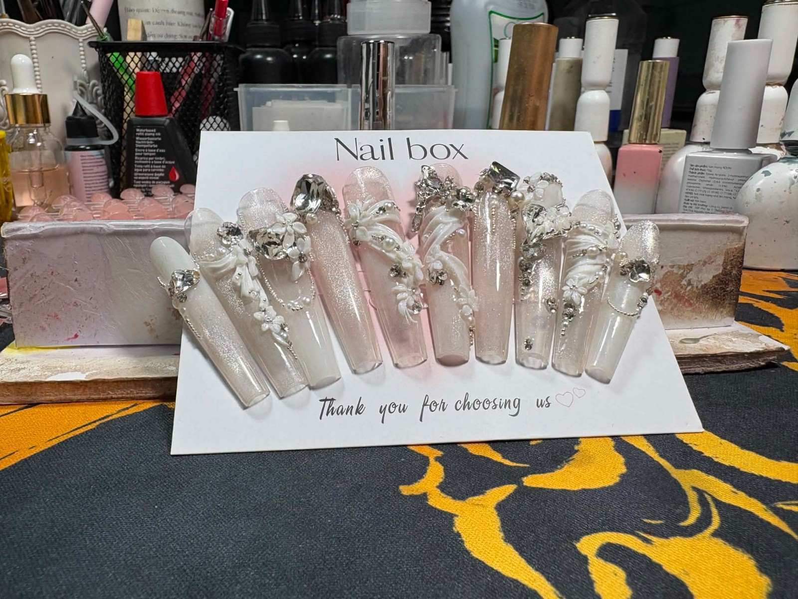 Luxury Press on nails , Bridal style, white and metallic silver, custom size