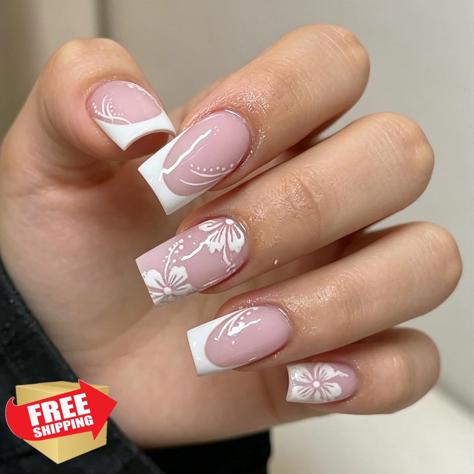 Tephrent White Hibiscus French Tip Nails