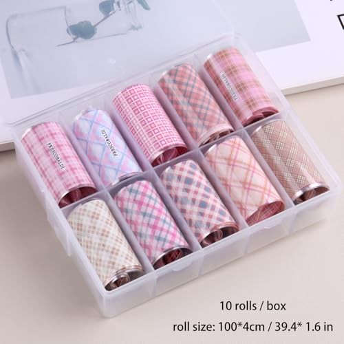 Nail Foil Transfer, 10 Rolls/Box Pink Nail Stickers Transfer Sheets Plaid