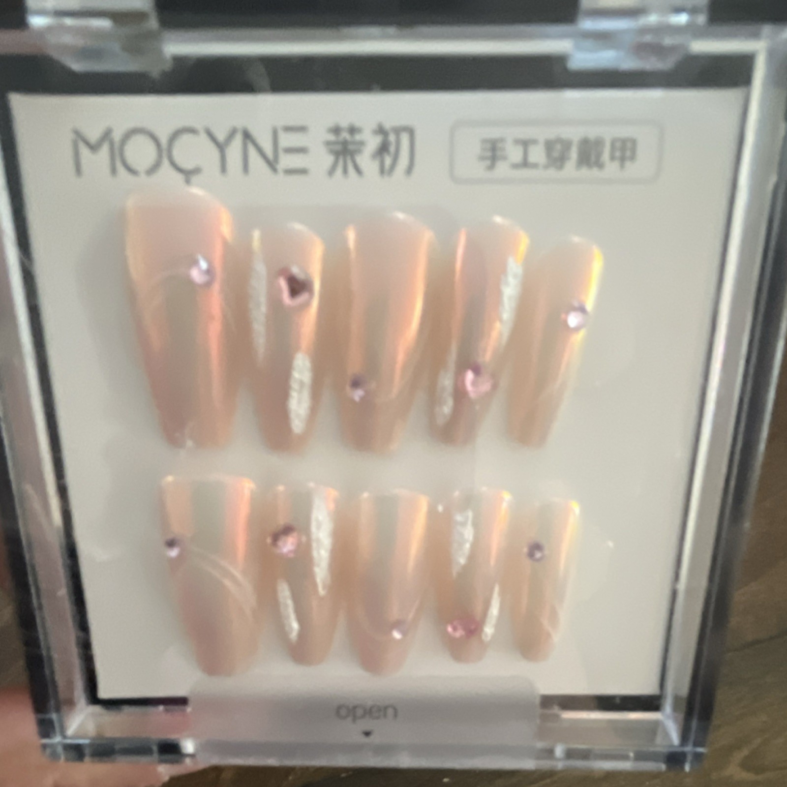 MOCYNE Press-On Nails Coffin Shiny Pink Beige Heart 3D Full Cover Pre-Designed