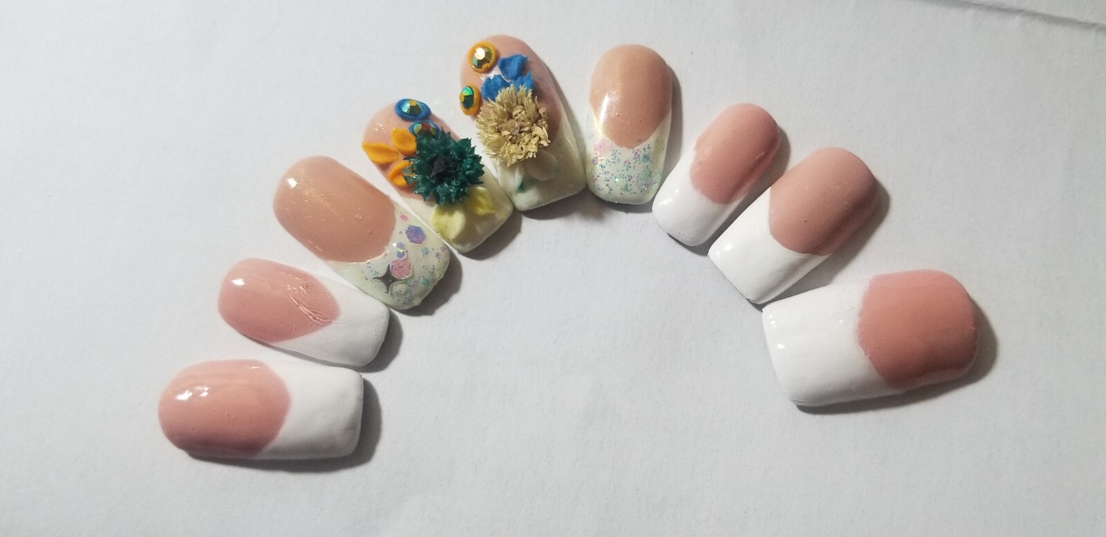 Kawaii PRESS ON NAILS|HANDMADE WONDERLAND FRENCH REAL DRIED FLOWERS SWAROVSKI 3D