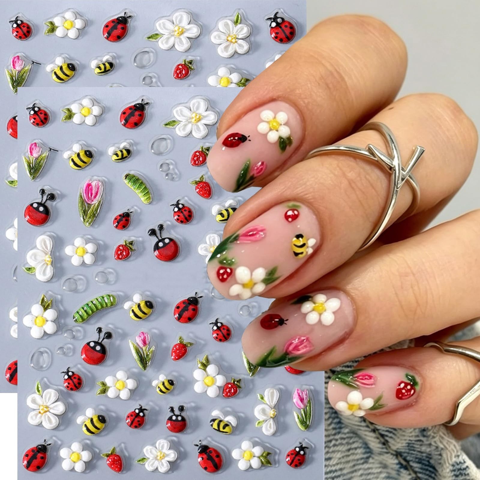 Spring Nail Art Stickers 5D Embossed Flower Nail Deals Bee Floral Ladybug Str…