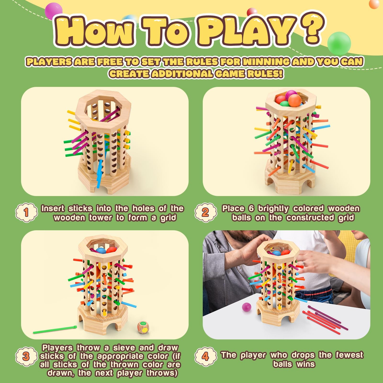 Montessori Wooden Board Game for Kids 3-6 12 inches x 5 inches, Colorful