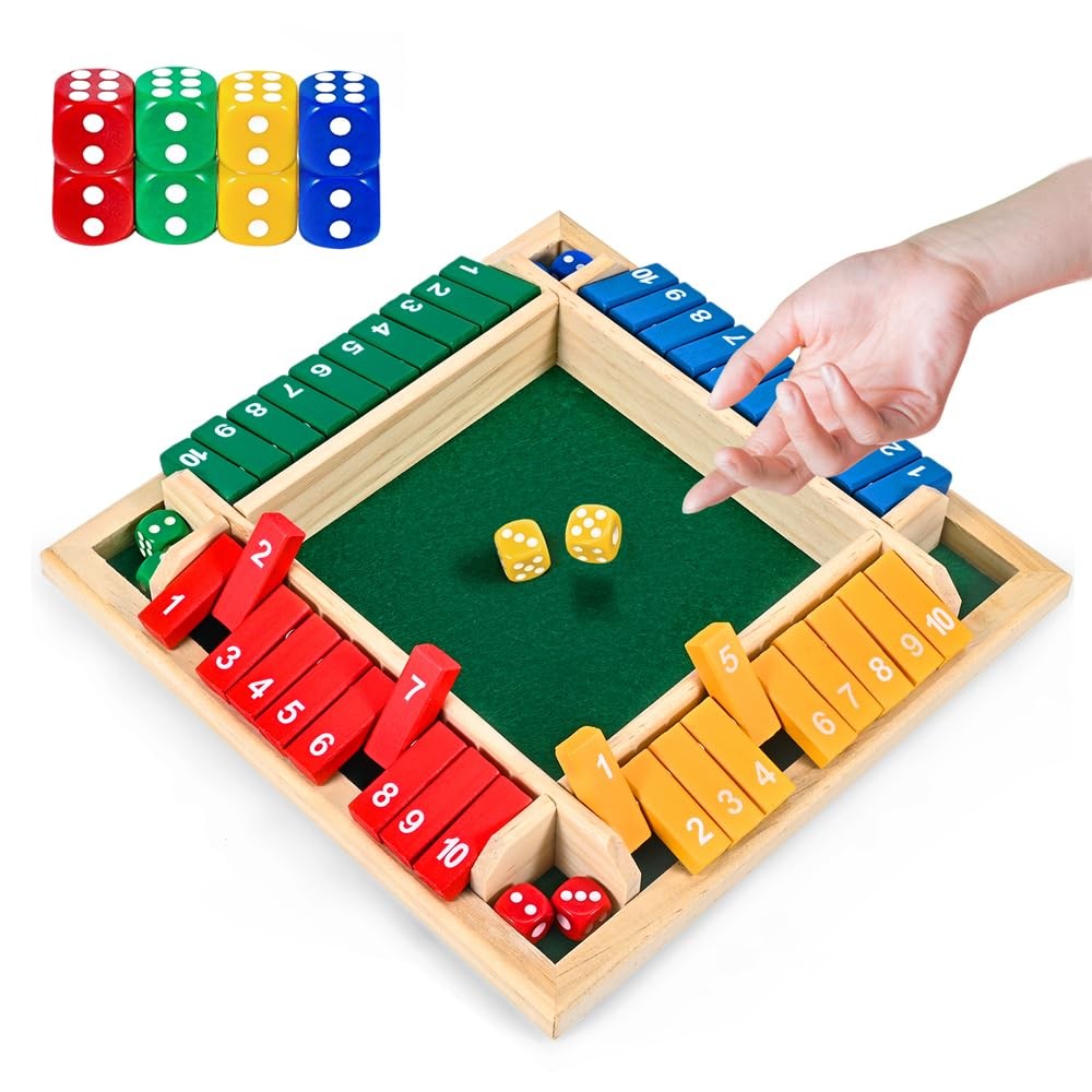 CRETVIS 1-4 Players Shut The Box Dice Game, 10 Numbers 8.7in, Multicolor