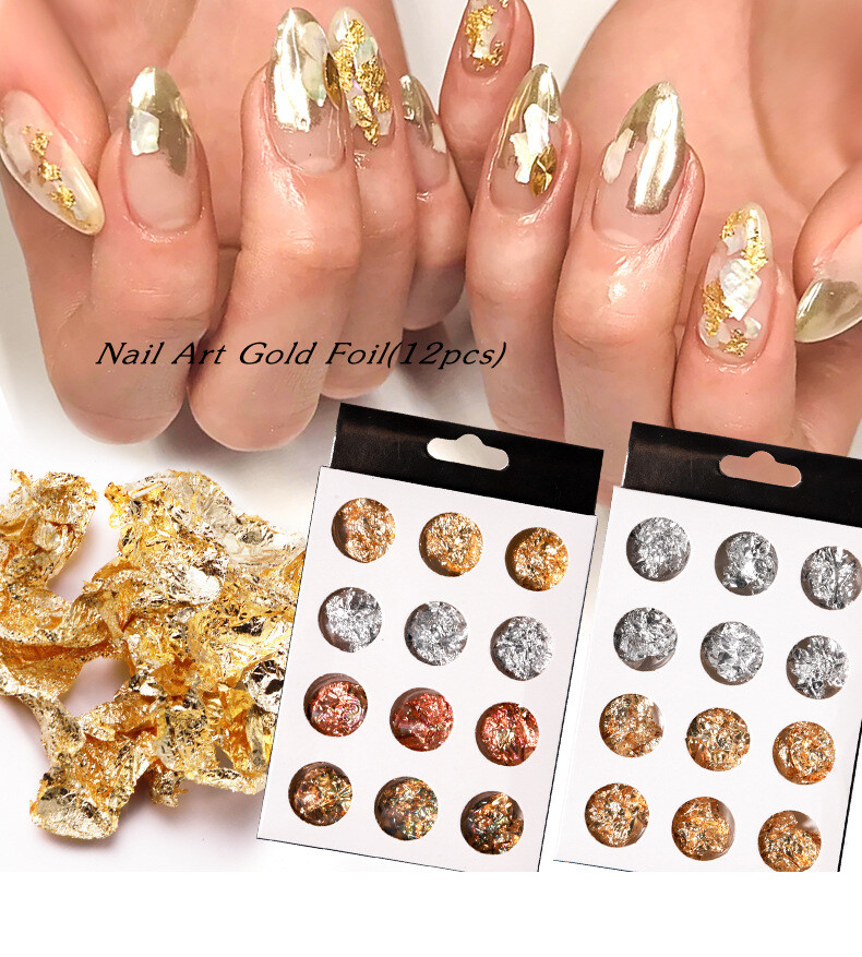 12 Pcs Nail Art Metal Foil Mixed Colors Paper 3D Sticker Flake Decal Decoration