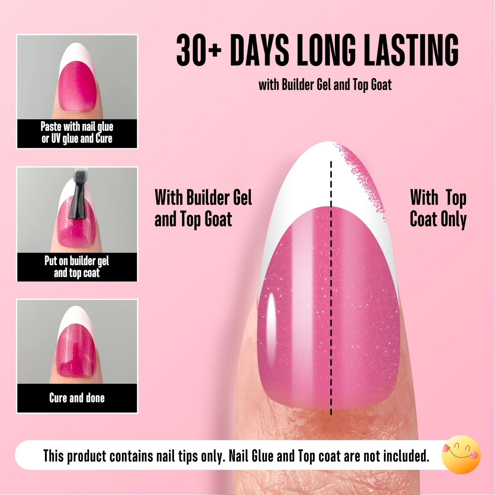 White French Tip Almond Nail Tips Press on ROSE PINK, Extra Thick Medium Soft…