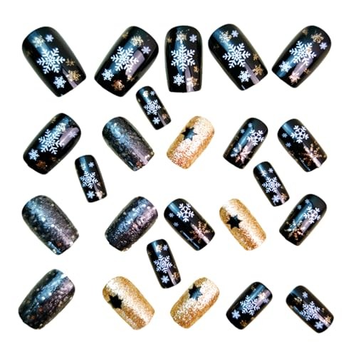 Christmas Press On Nails Medium Black Fake Nails Square christmas-medium13