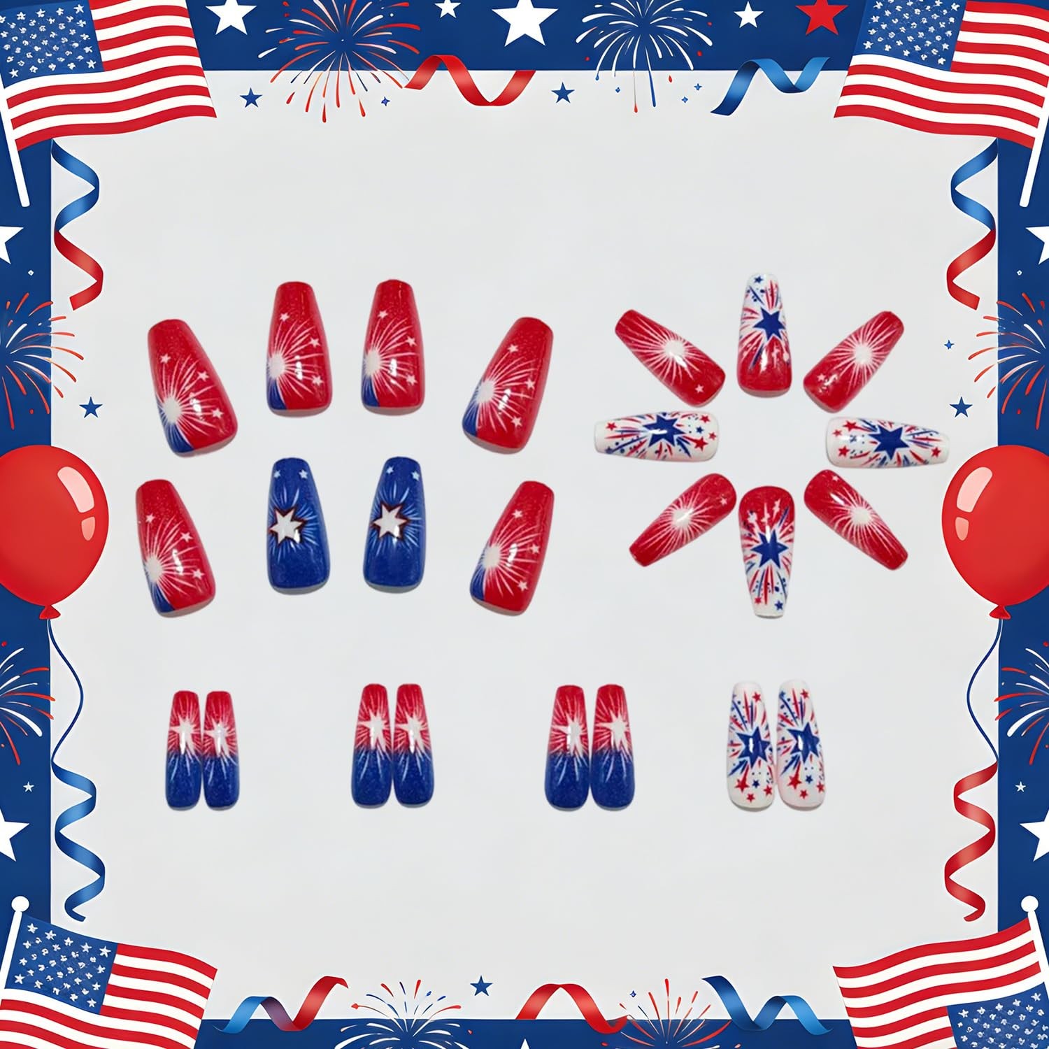 4th of July Press on Nails Ballet Shaped Artificial Acrylic Gradient Firework…