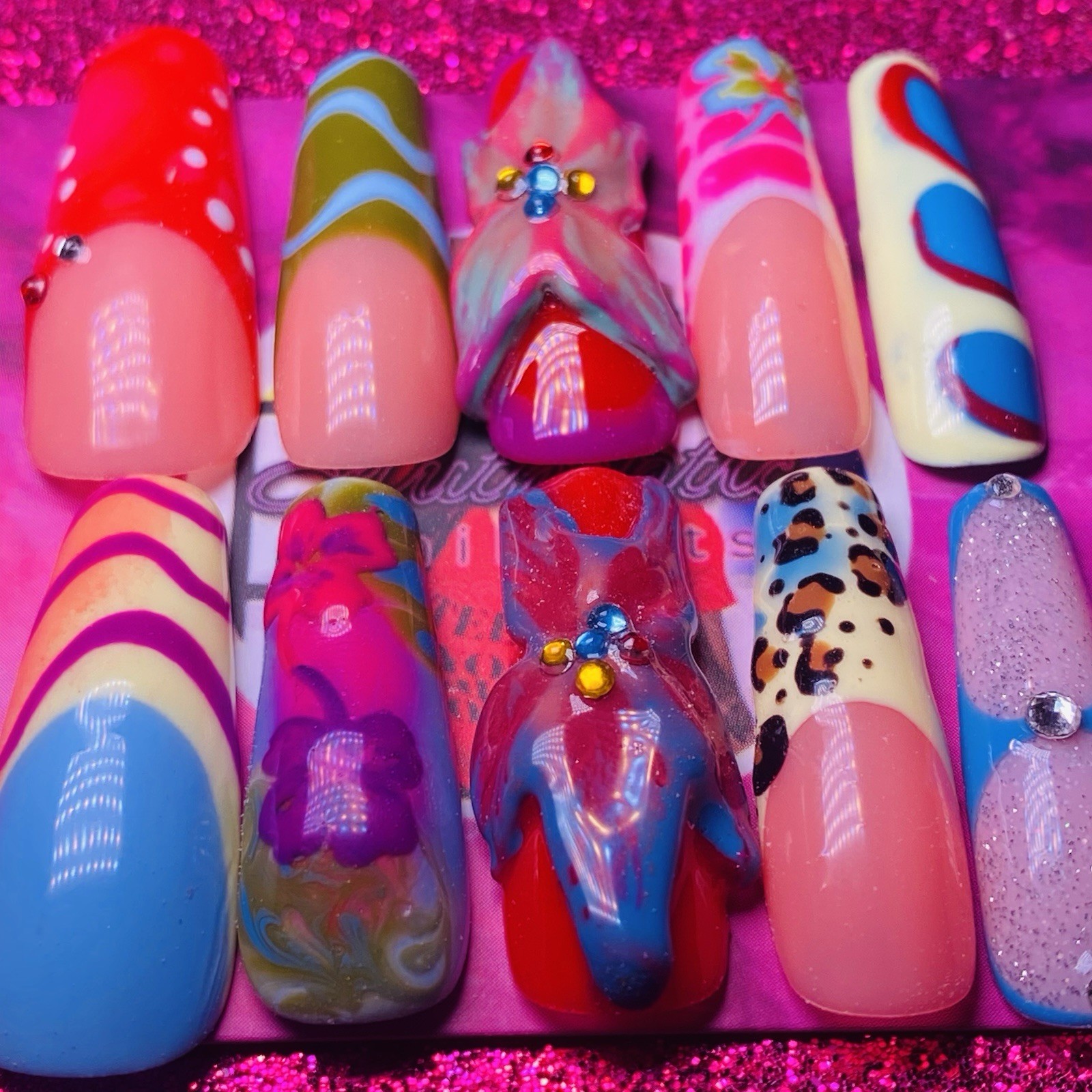 Authentic Nail Arts by Dia Long Coffin Press-On Nails Multicolor 3D Shiny