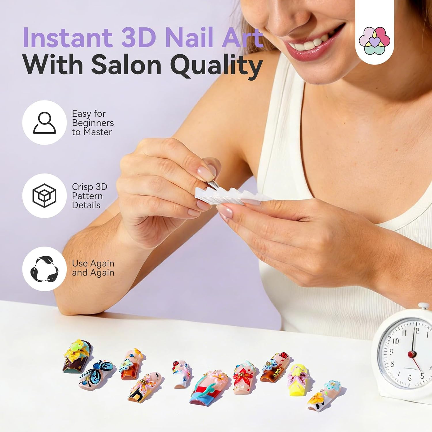 Reusable 3D Silicone Nail Art Molds Set, 5PCS | Instant Designs in 3 Minutes, No