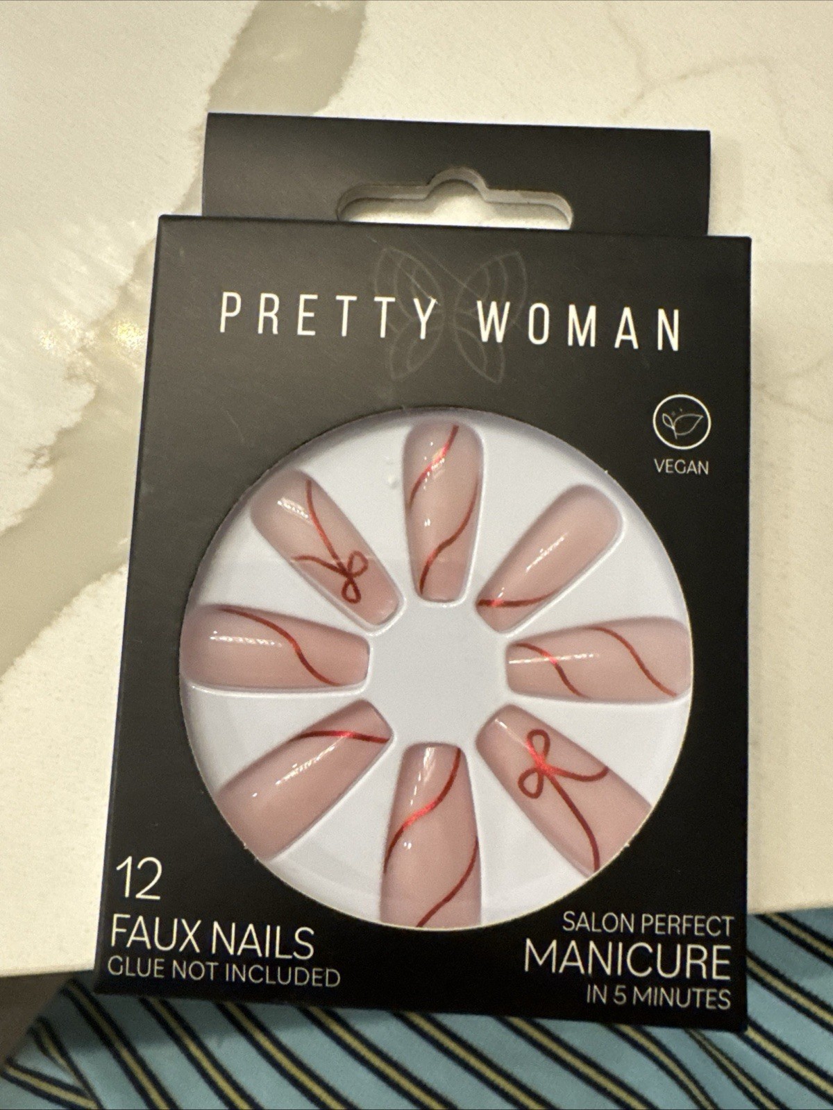 Pretty Woman Faux Nails. 12 Count. Pink And Red Swirls And Bows