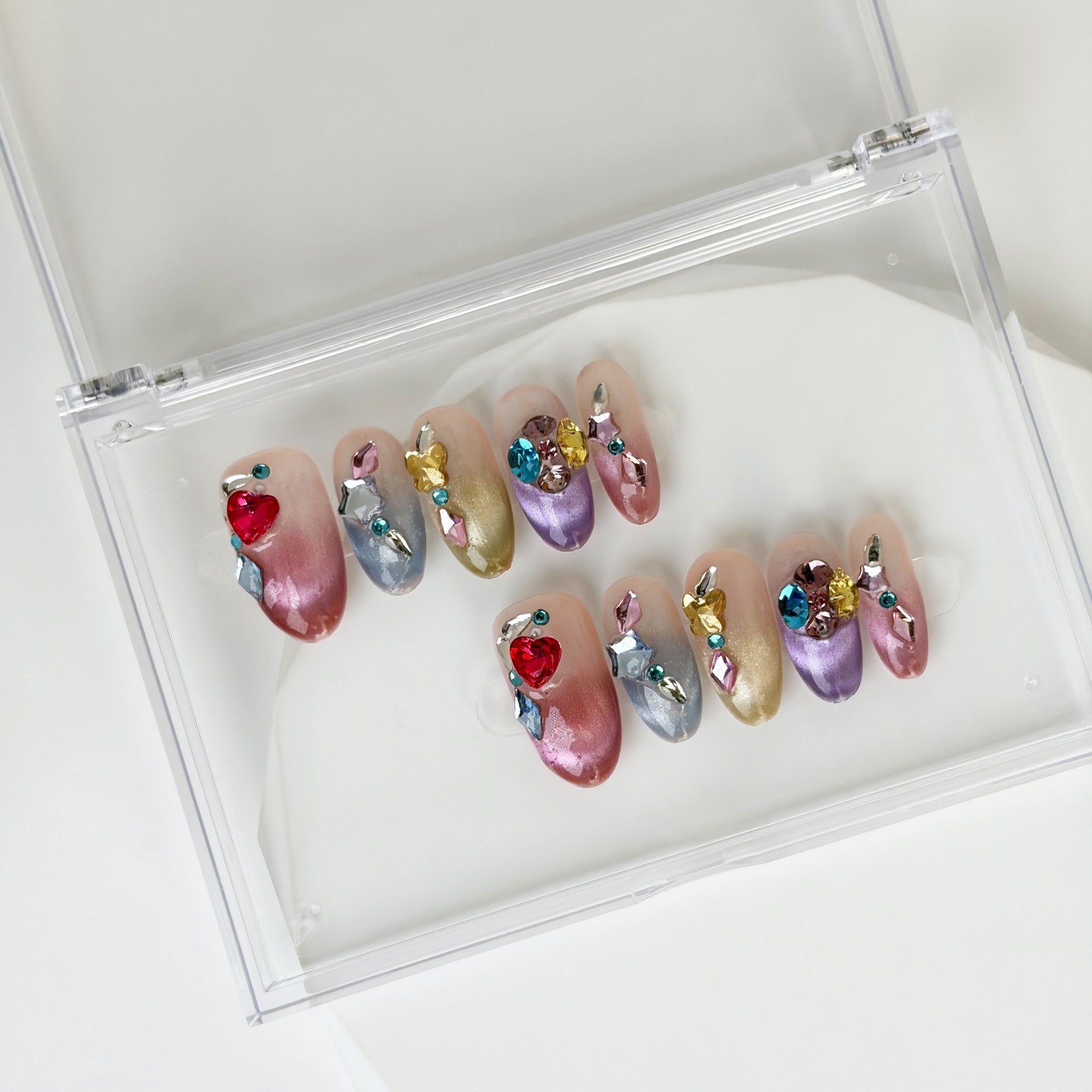 Rainbow Sugar Diamond Press-On Nails Medium Oval Sweet Cool Style Handmade Set