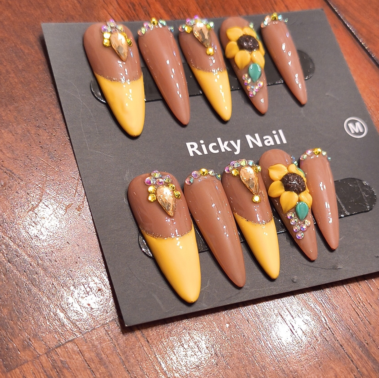 Ricky Nail Press-On Nails Long Coffin Yellow 3D Shiny Full Cover Flower Medium