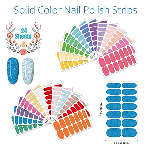 336 Pieces 24 Sheets Solid Color Nail Polish Strips Colorful Nail Vibrant