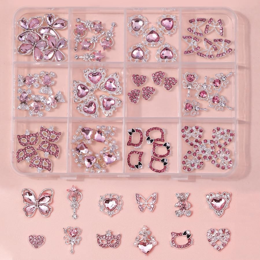 60 Pcs Heart Nail Charms & Pink Butterfly Rhinestones – DIY Nail Art Gems & Acce