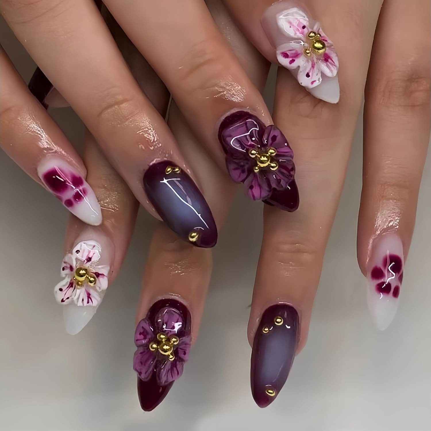 30Pcs Purple Flowers Press on Nails Medium Almond Fake Nails 3D Flower False Nai