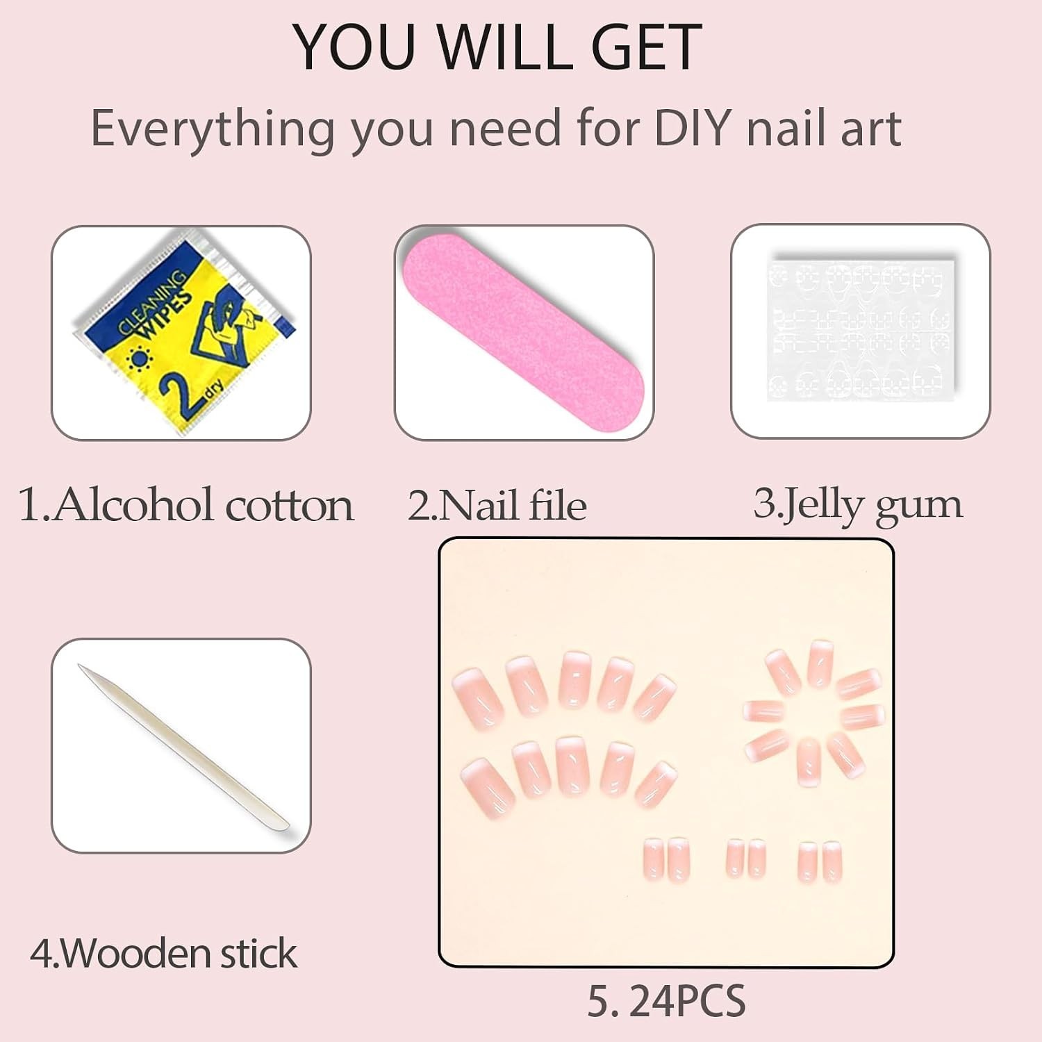 24Pcs Glamorous Pink-White Ombre Acrylic Press-On Nails for Effortless Beauty