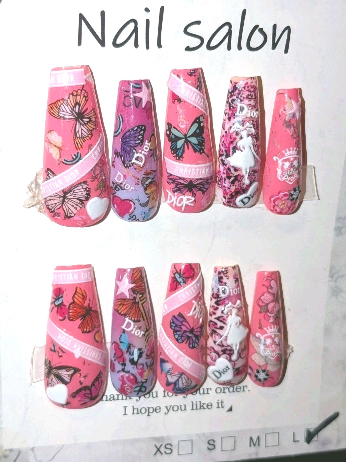 Printed custom decorative 10pc short acrylic press on nails sz large Glue…