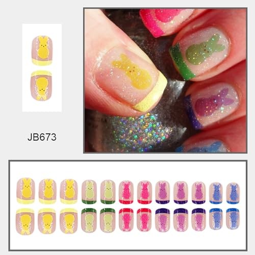 Easter Press On Nails Square Fake Nails Rabbit With Glitter Short Style A10