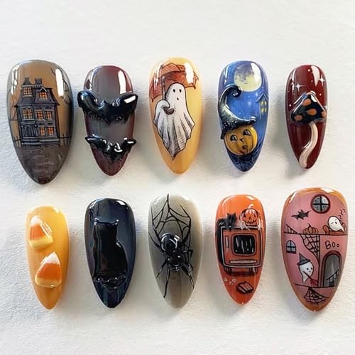 30Pcs Medium Almond Halloween Press On Nails 3D Spider Bat Ghost Designs