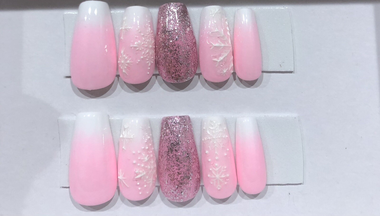 white and pink ombre snowflake press on nails