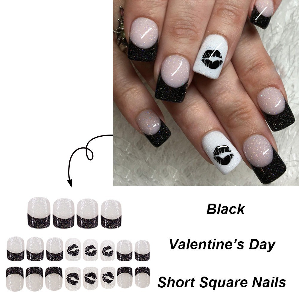 24pcs-Black Glitter French Press on Nails, Short Square Kiss Lips Fake Nails