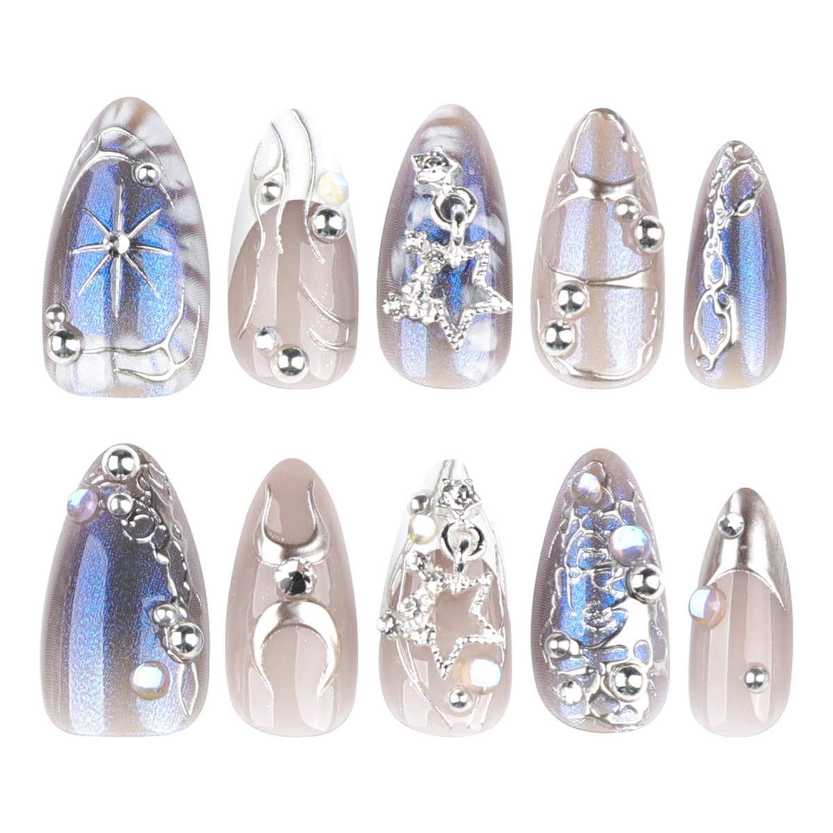 Silver Chrome Press on Nails Medium Almond Fake Blue Style-A, Style-11