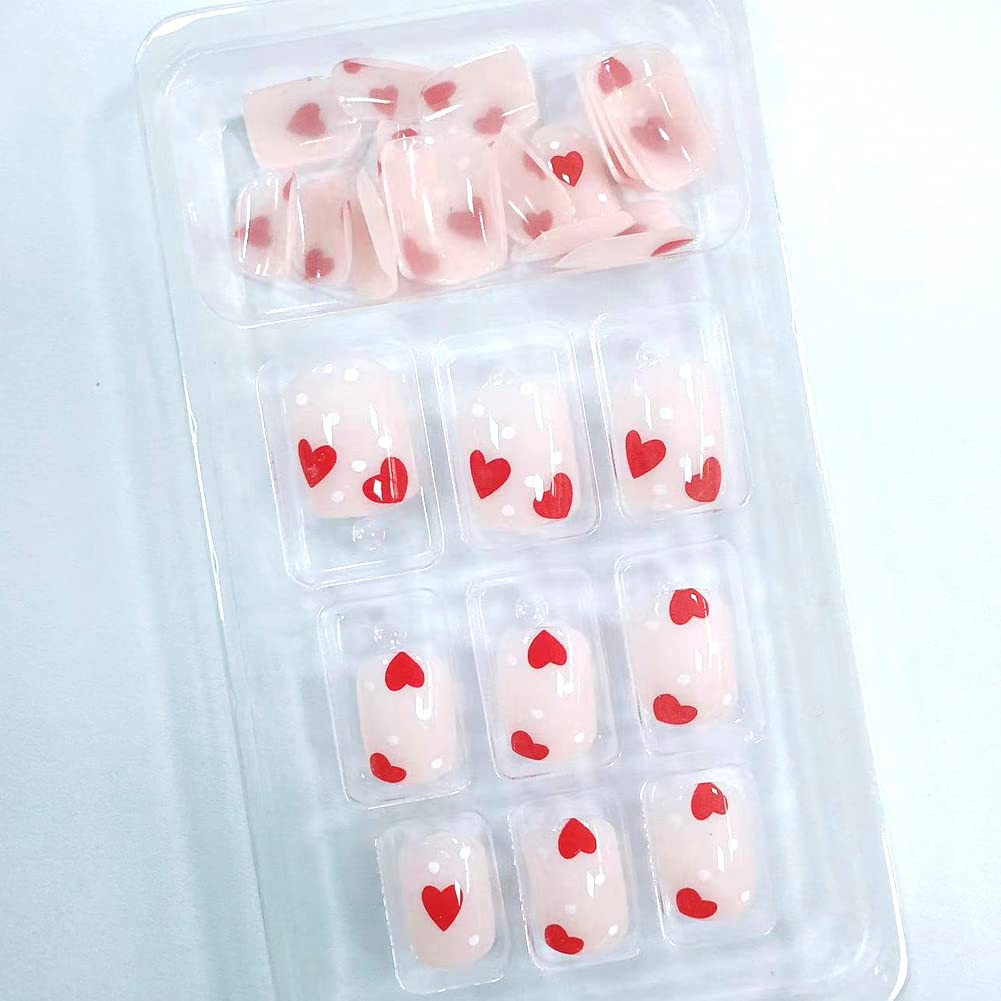 Valentine’S Day Press on Nails Short Square Fake Nails Red Pink Glossy Acrylic N